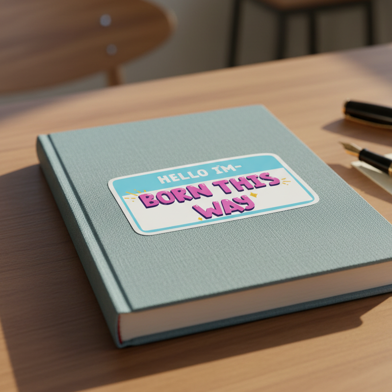 Light blue hardcover notebook with a “Hello I'm Born This Way Bubble-Free Sticker” sits on a wooden desk, two pens nearby.