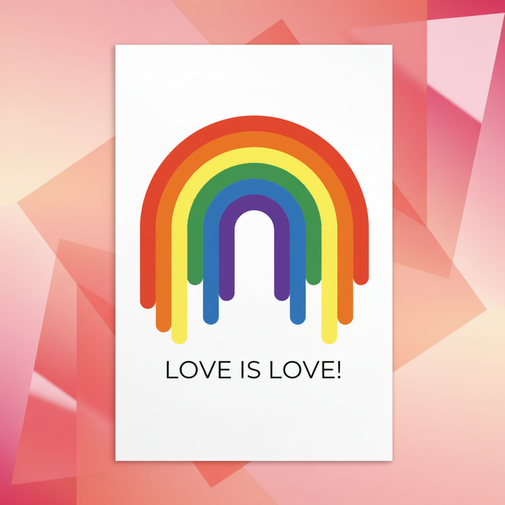 Postcard with bold rainbow drips over “LOVE IS LOVE!” on a pink backdrop and see-through geometric shapes; queer pride vibes.
