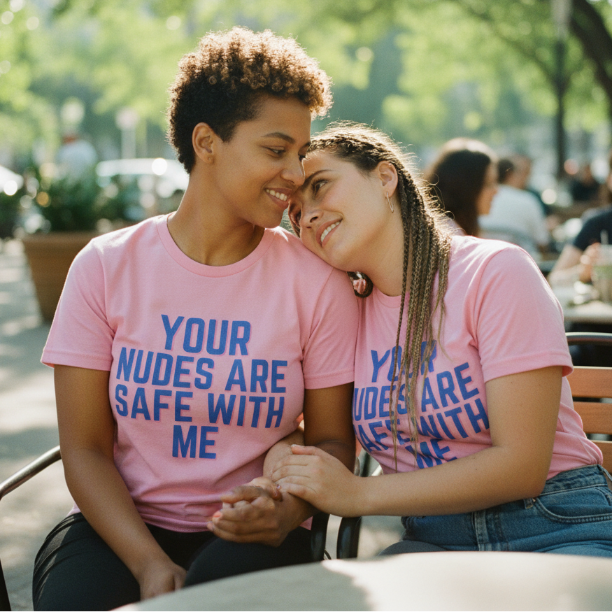 Matching pink T-Shirts reading "Your Nudes Are Safe With Me" worn by two queer women, holding hands at an outdoor café.