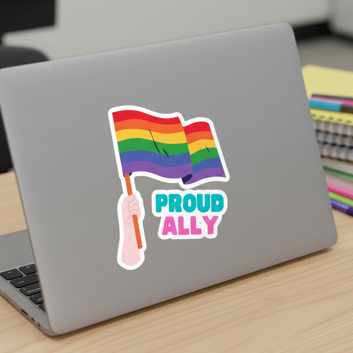 Proud Ally Bubble-Free Sticker on laptop; hand waves rainbow flag with "PROUD ALLY" slogan. Wood desk, notebooks, pen nearby.