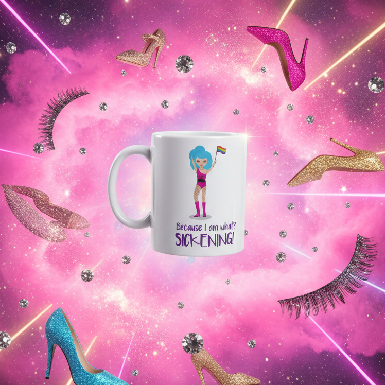 Because I Am What? SICKENING! Mug featuring a cartoon drag queen with blue hair and pride flag, surrounded by glittery heels, eyelashes, and rhinestones, embodying bold, queer self-expression and pride.