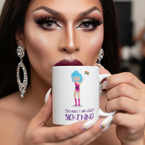 Close-up of a drag-inspired individual with glamorous makeup holding the Because I Am What? SICKENING! Mug, featuring a blue-haired character waving a rainbow flag, embodying vibrant queer pride and self-expression.
