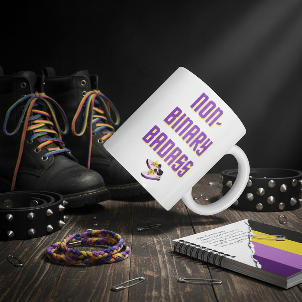 White mug reading “non-BINARY BADASS” staged with studded boots, collars, and a notebook
