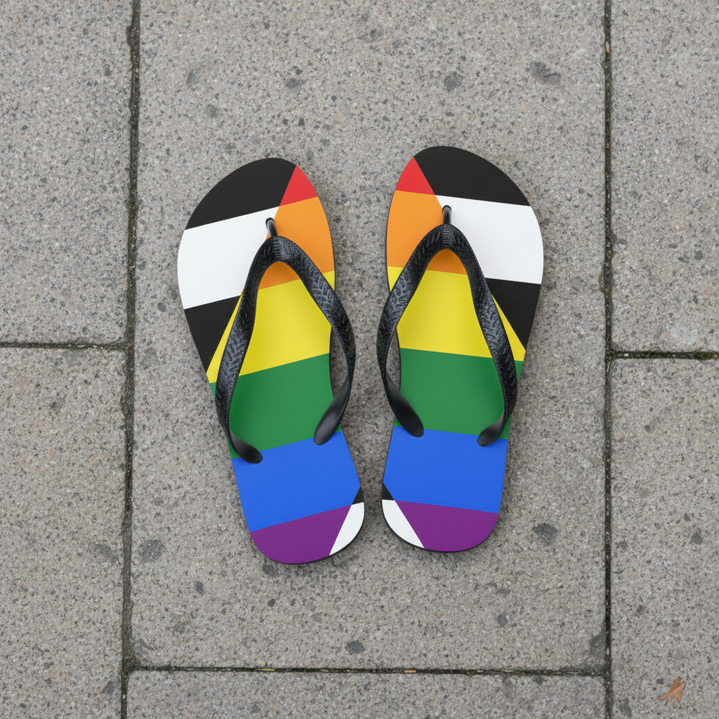 Straight Ally flip-flops with bold black-and-white stripes and a rainbow chevron, side by side on light gray stone pavement.