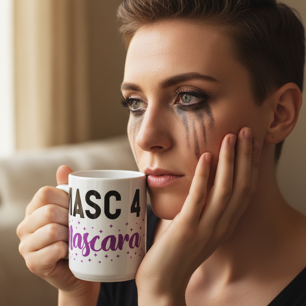 White mug reading “MASC 4 Mascara” with pink stars, held beside a person’s face
