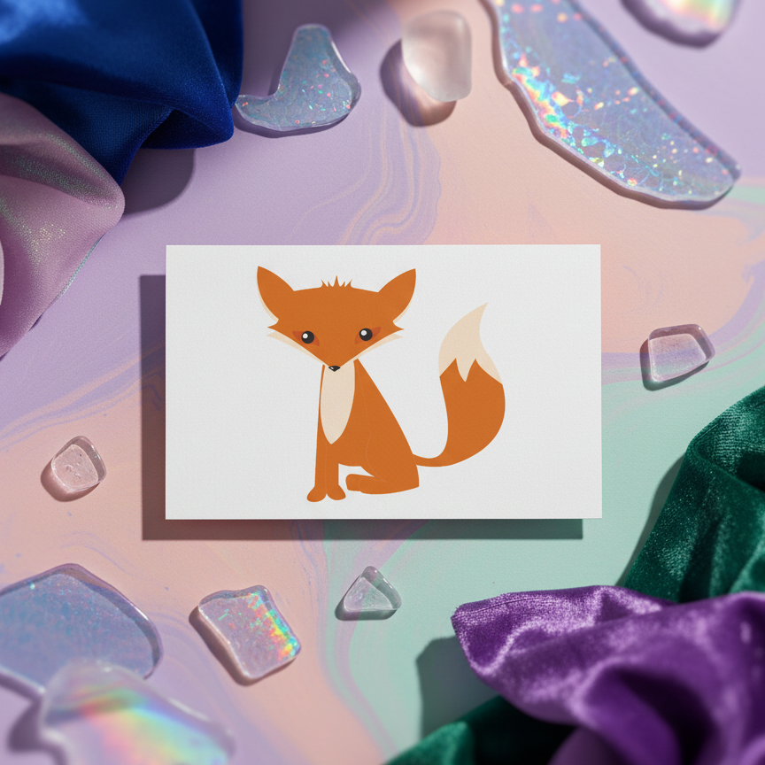 Fox Postcard on iridescent pastel background with gems and shimmery fabric—queer cuteness for LGBTQ postcard collectors.