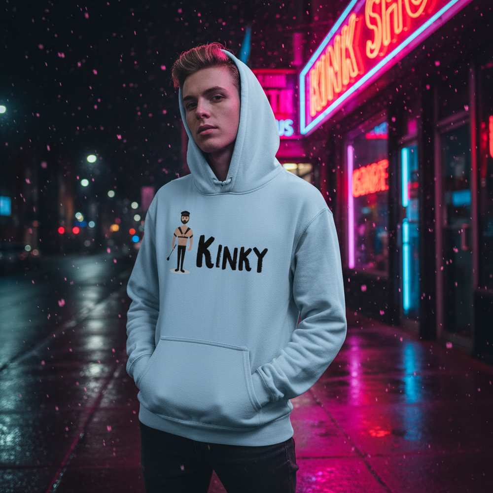 Light blue Kinky hoodie with a cartoon leather-harness figure, worn on a neon-lit rainy street