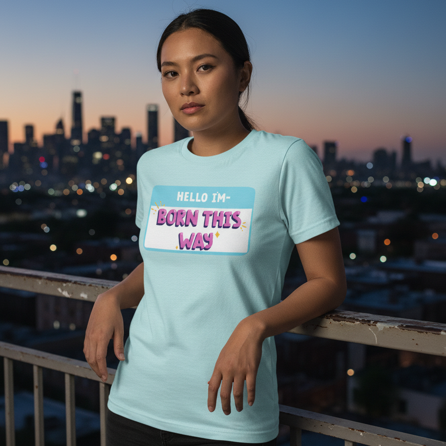 Hello I'm Born This Way" T-shirt with a bold, colorful name tag graphic, worn by a confident woman on a balcony at sunset.