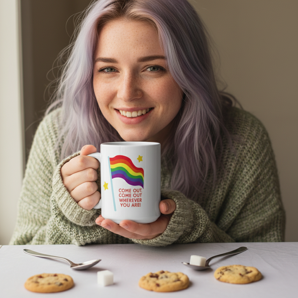 Young person with lavender hair and cozy green sweater holds Come Out Come Out Wherever You Are! Mug, adorned with a rainbow-stripe flag and stars, on a table with cookies and spoons.