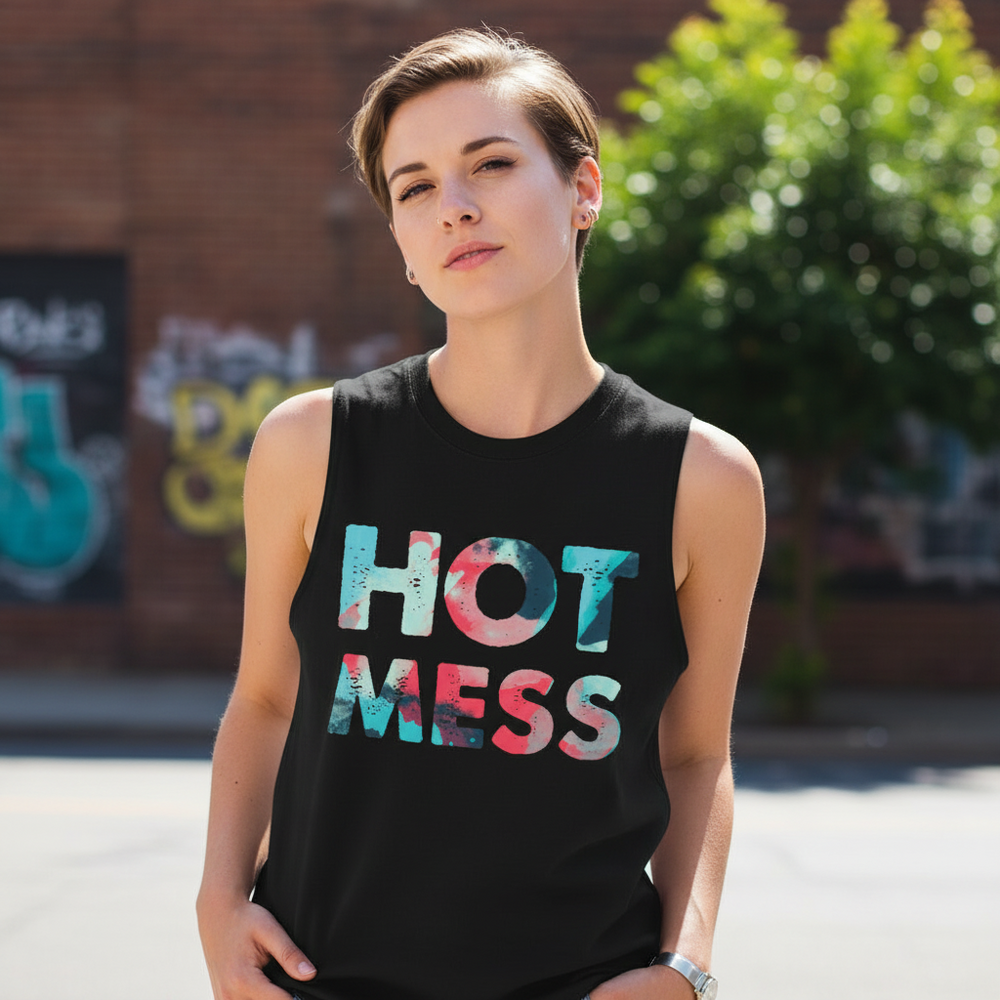 Black muscle tank top with colorful “HOT MESS” graphic, worn by a model outdoors