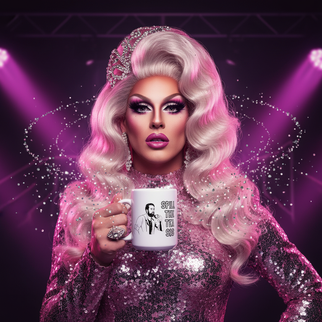 Drag performer holding a white mug labeled “SPILL THE TEA SIS” with a gossiping figure