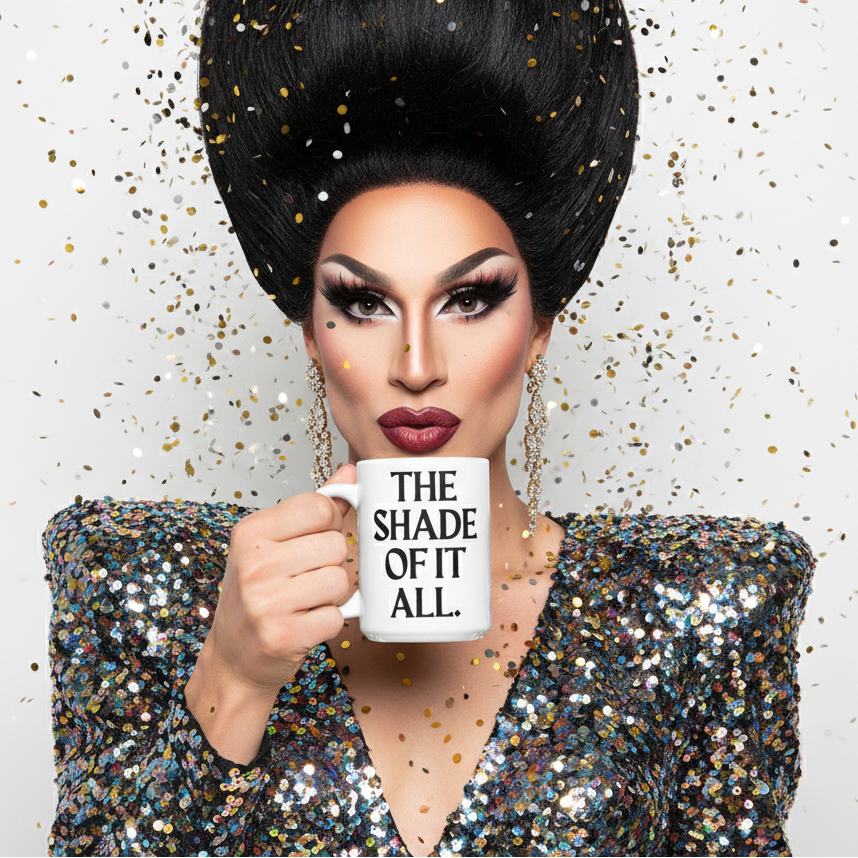 Drag performer holds a white mug reading “THE SHADE OF IT ALL” amid falling confetti