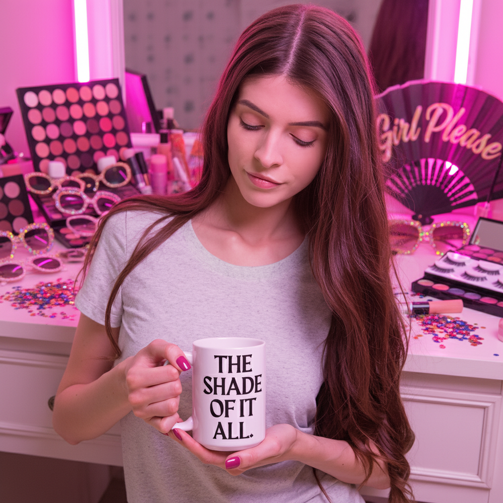 Model holding a white mug printed “THE SHADE OF IT ALL” in a pink makeup setting