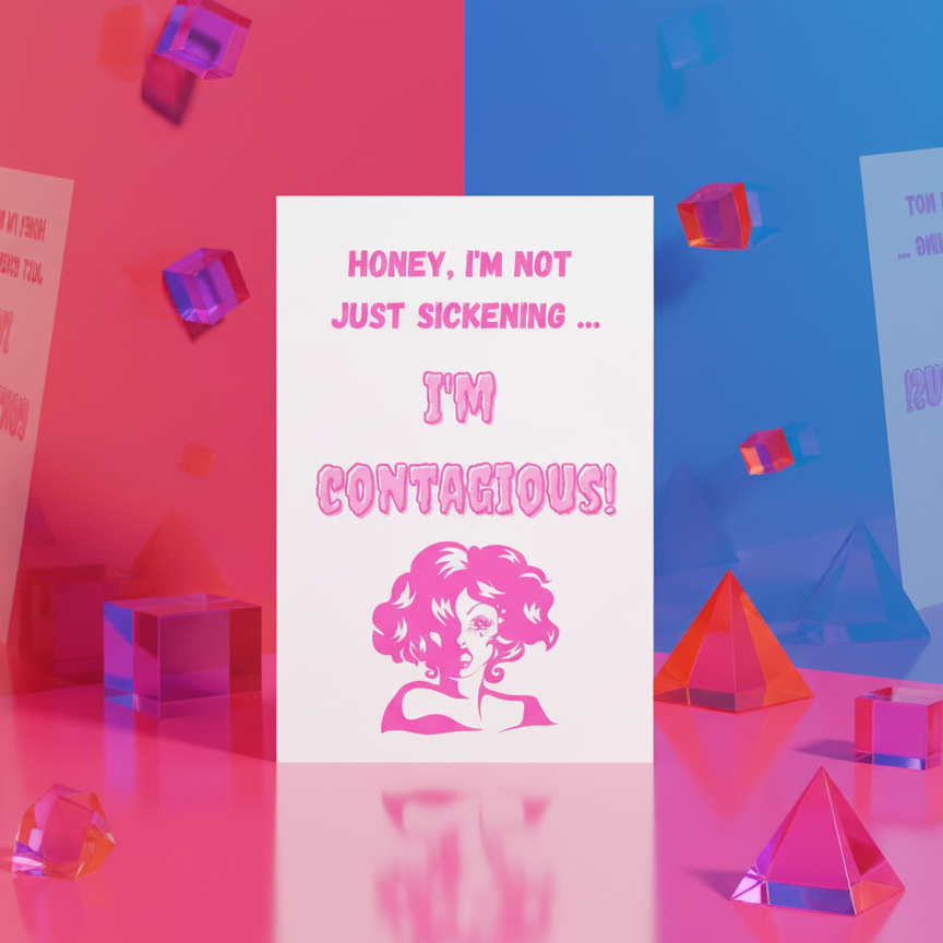Close-up of an illustrated postcard reading “Honey, I'm not just sickening… I'm contagious!”