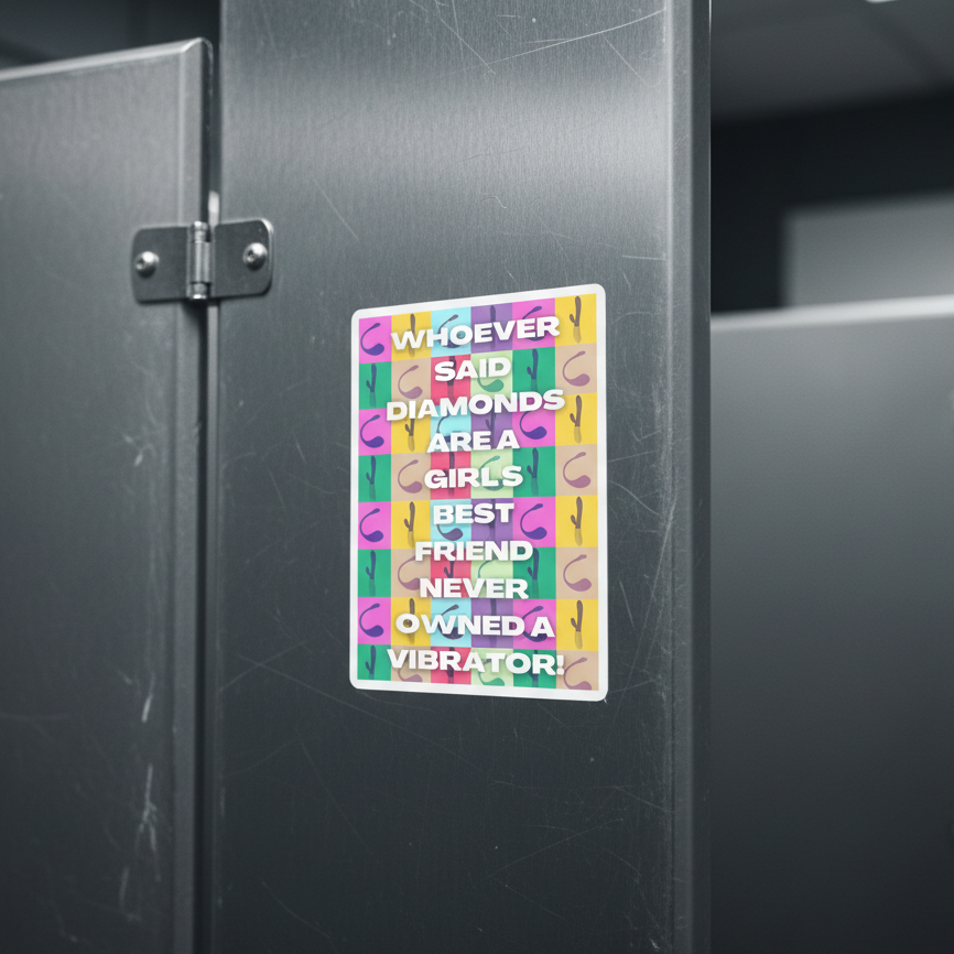 Bubble-free sticker on a gray bathroom stall reads "WHOEVER SAID DIAMONDS ARE A GIRLS BEST FRIEND NEVER OWNED A VIBRATOR" with abstract purple, green, orange, and yellow shapes.