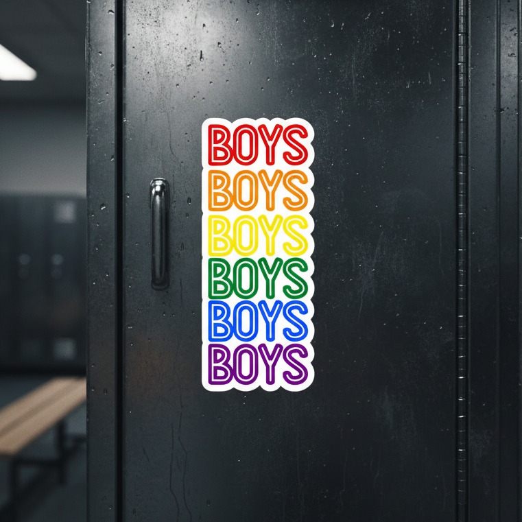 Rainbow sticker repeating the word “BOYS” in six colorful rows