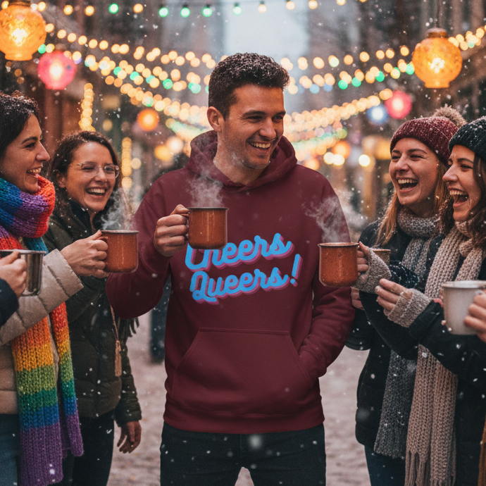 Close-up of a burgundy hoodie reading “Cheers Queers!” at a snowy outdoor gathering