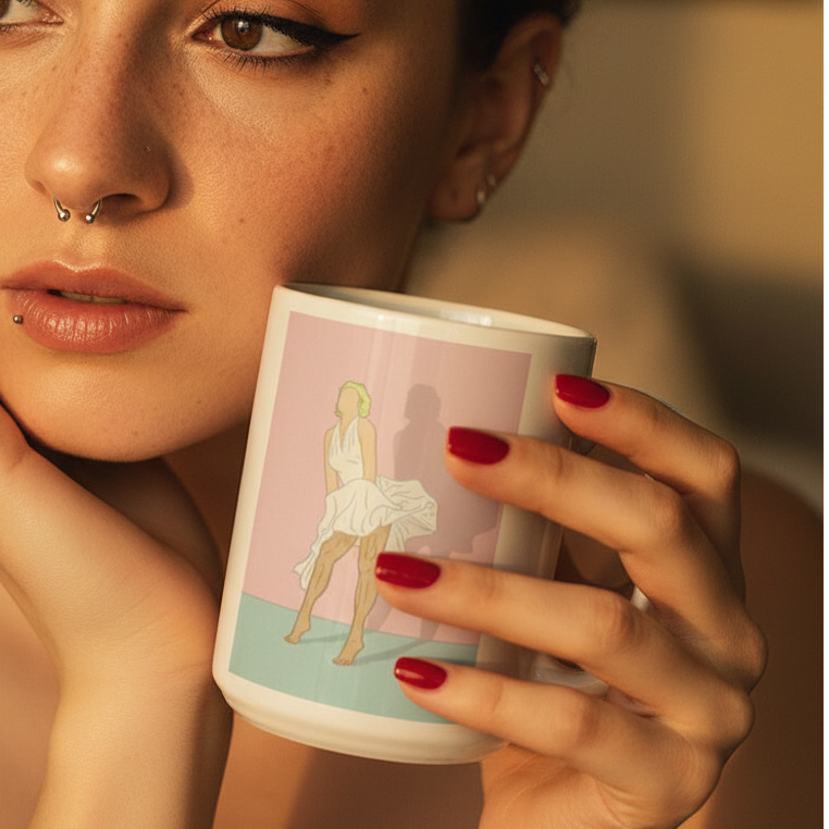 Person with bold piercings and red nails holds the Daddy Monroe Mug featuring a blonde woman illustration. This queer, vibrant mug from Queer In The World champions pride and self-expression.
