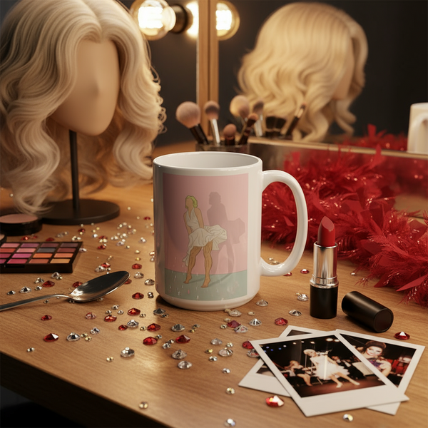 Daddy Monroe Mug amidst a vibrant drag vanity: a white ceramic mug featuring an iconic Marilyn Monroe print, surrounded by makeup essentials, a blonde wig, red lipstick, and a playful red feather boa.