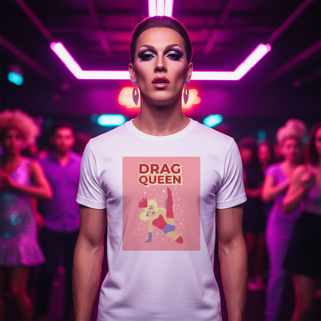 Drag Queen T-Shirt with cartoon drag queen and "DRAG QUEEN" slogan, worn by a queen in bold makeup at a neon-lit queer club.