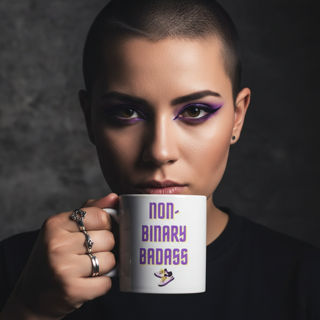 Close-up of a person with a buzz cut and bold purple eye makeup holding a Non-Binary Badass mug. The mug's empowering design embodies Queer In The World's vibrant, inclusive spirit, celebrating LGBTQIA+ pride.