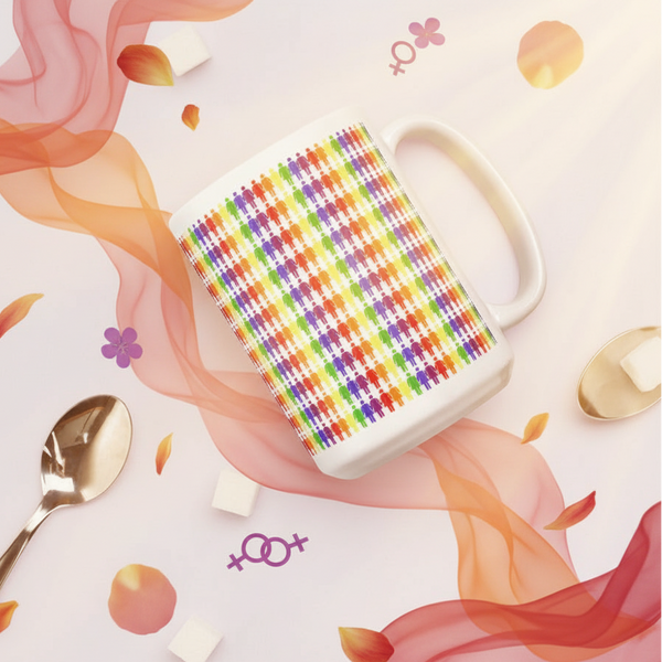 Lesbian Pride mug with colorful repeating figures, shown in a floral flat-lay setting