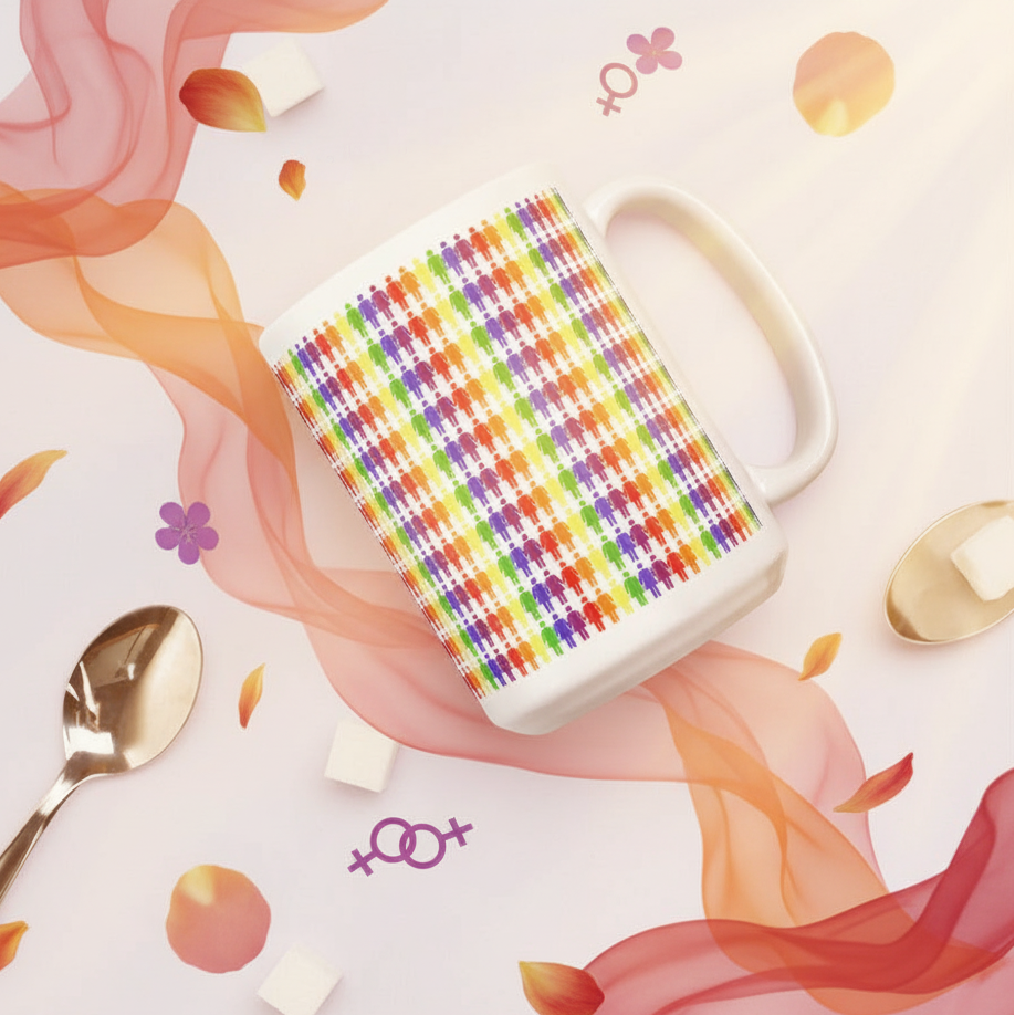 Lesbian Pride Mug adorned with rainbow human icons, lying on pastel pink, surrounded by wavy ribbons and feminist symbols. A vibrant, queer statement piece from Queer In The World, celebrating pride and self-expression.