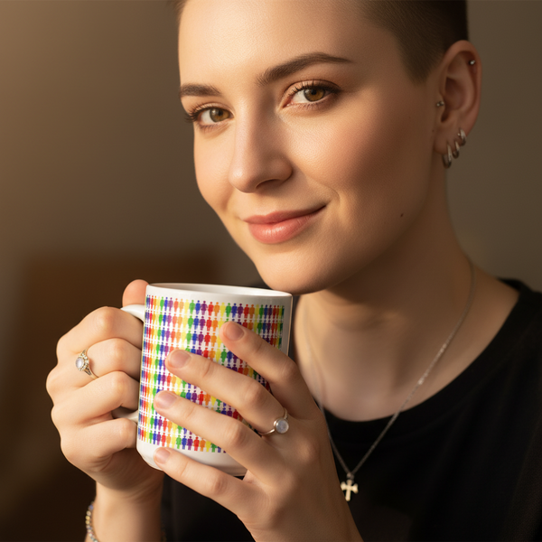 Young person with short hair and ear piercings smiles softly while holding a Lesbian Pride Mug, decorated with vibrant rainbow silhouettes, embodying LGBTQIA+ pride and self-expression. Rings adorn their hands.