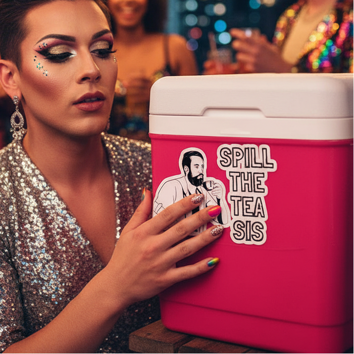Spill The Tea Bubble-Free Stickers on a pink cooler; person in sparkly makeup and sequins, city queer party glowing behind.