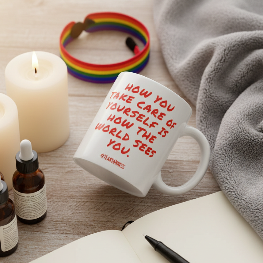 “How You Take Care of Yourself Is How the World Sees You” mug beside candles and a rainbow bracelet
