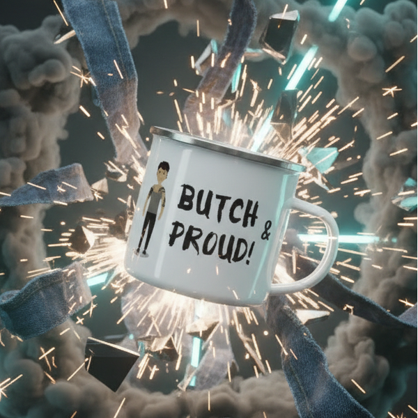 Close-up of a white enamel mug reading “BUTCH & PROUD!” with a handle and illustrated figure