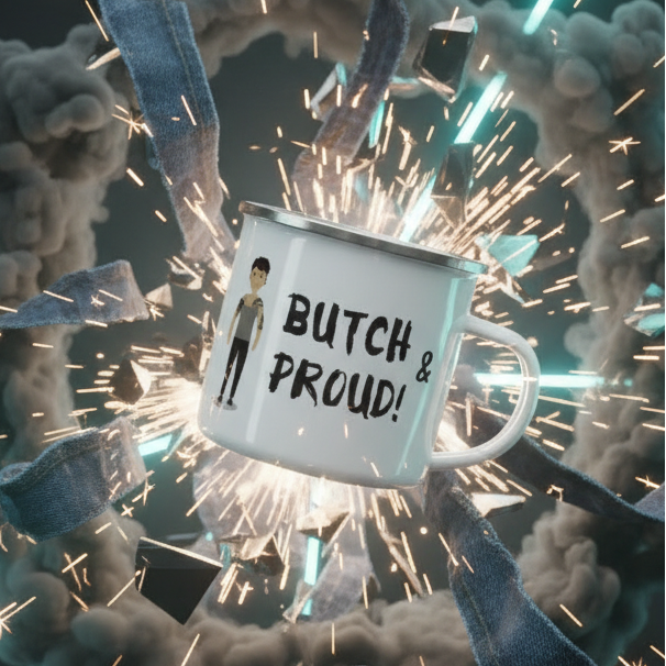 Butch & Proud Enamel Mug featuring a cartoon figure and bold text, surrounded by dynamic denim and teal shards, celebrating queer empowerment and self-expression with a stylish, prideful flair.