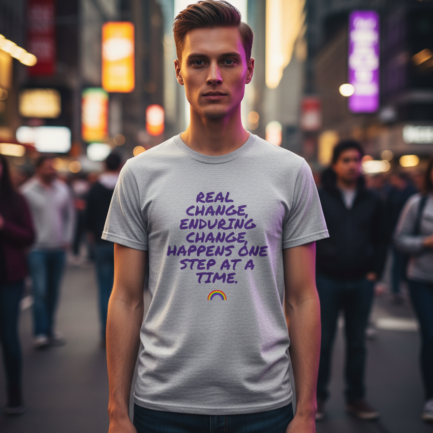 Gray T-shirt with purple text reading “Real change, enduring change happens one step at a time”