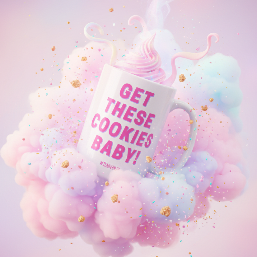 White mug reading “GET THESE COOKIES BABY!” amid pastel frosting, sprinkles, and glitter