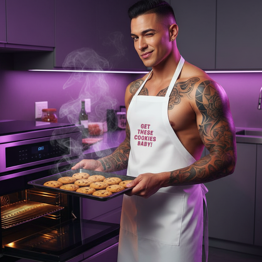 Muscular man in a white Get These Cookies Baby apron, embodying sassy, joyful queer energy, holds fresh cookies. The apron features adjustable ties and pockets, celebrating pride and self-expression in the kitchen.
