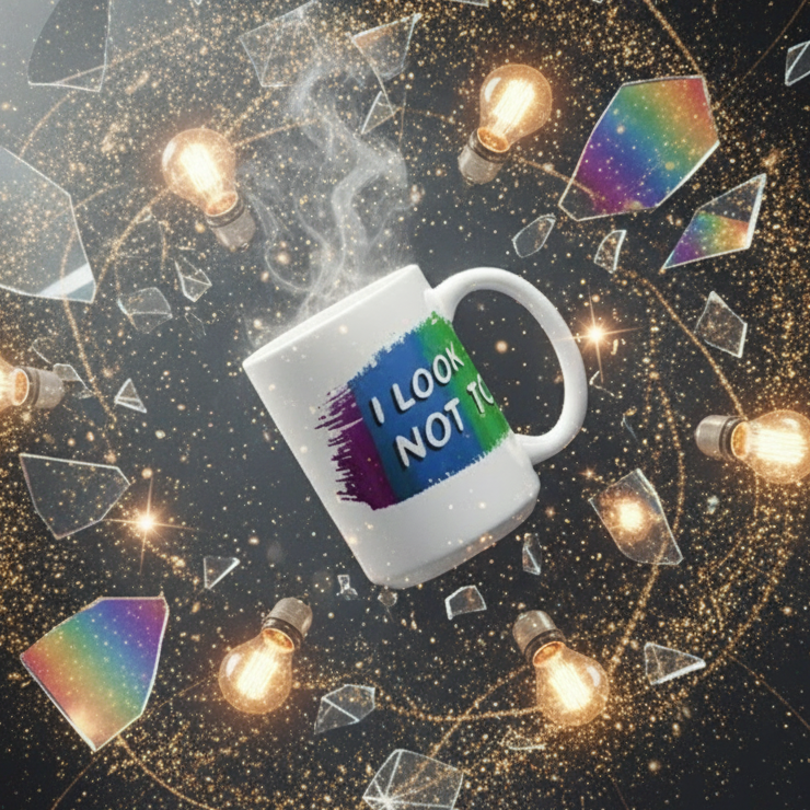 Steaming I Look Not To... mug with rainbow brushstrokes, surrounded by glowing bulbs, glass shards, and golden particles, embodying queer pride and self-expression. Perfect for bold, confident mornings.