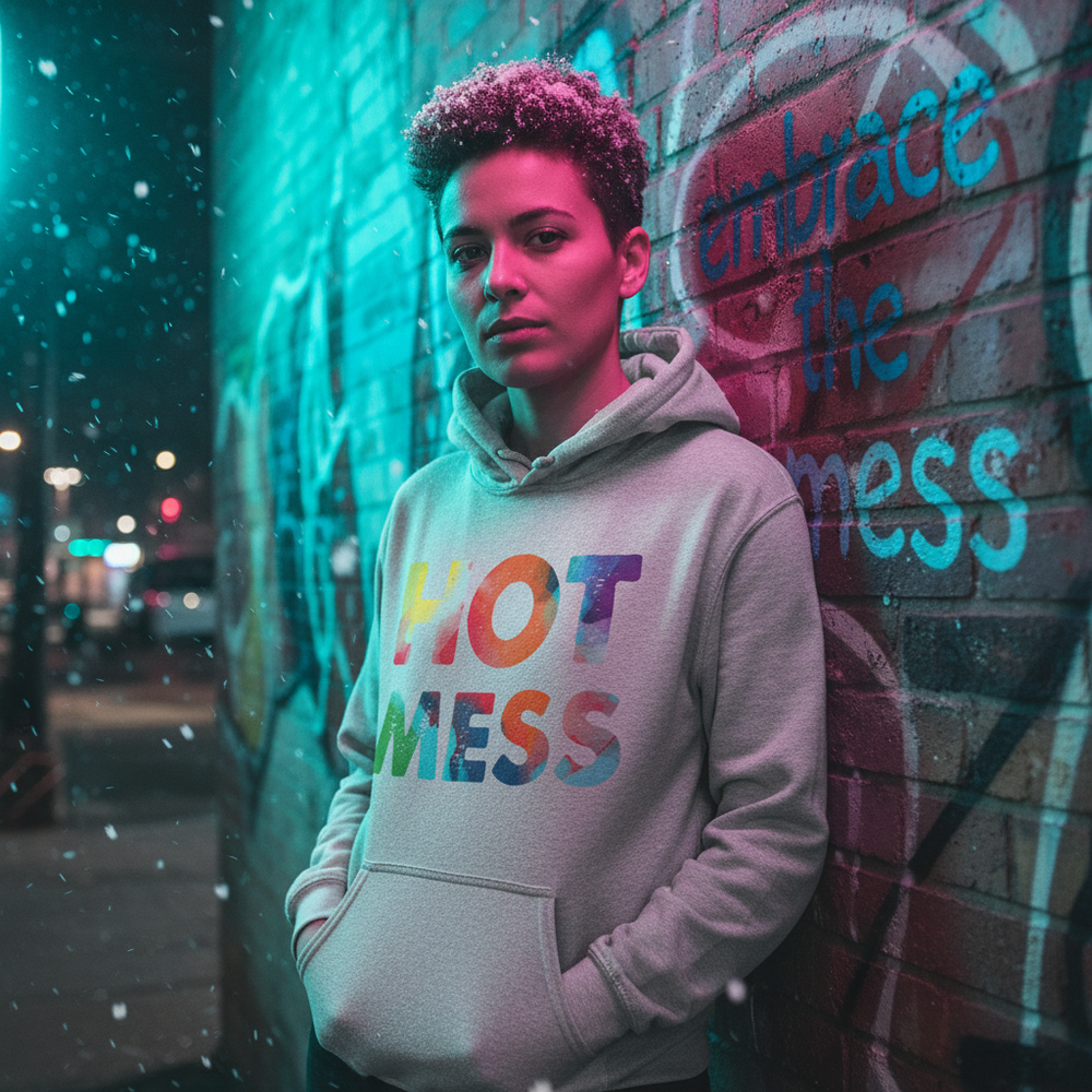 “HOT MESS” rainbow-lettered gray hoodie worn by a model beside a graffiti-covered brick wall