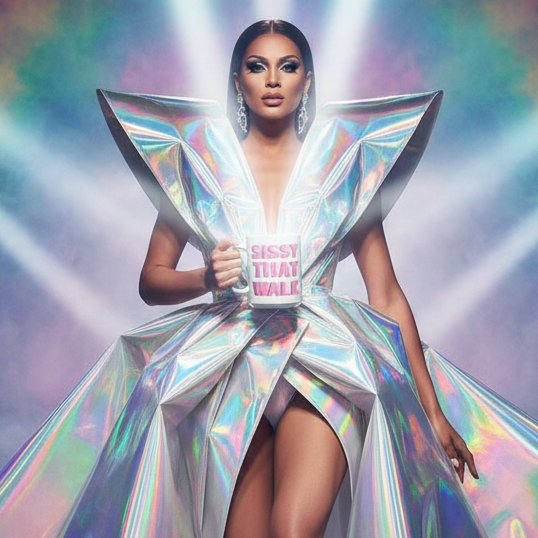 Drag performer in an iridescent sculptural costume holding a mug reading “SISSY THAT WALK”