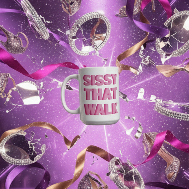 Sissy That Walk Mug with bold pink slogan, set against a sparkling drag-inspired scene with rhinestone heels and satin ribbons, celebrates queer confidence and glamour. Perfect for coffee or tea, dishwasher and microwave safe.