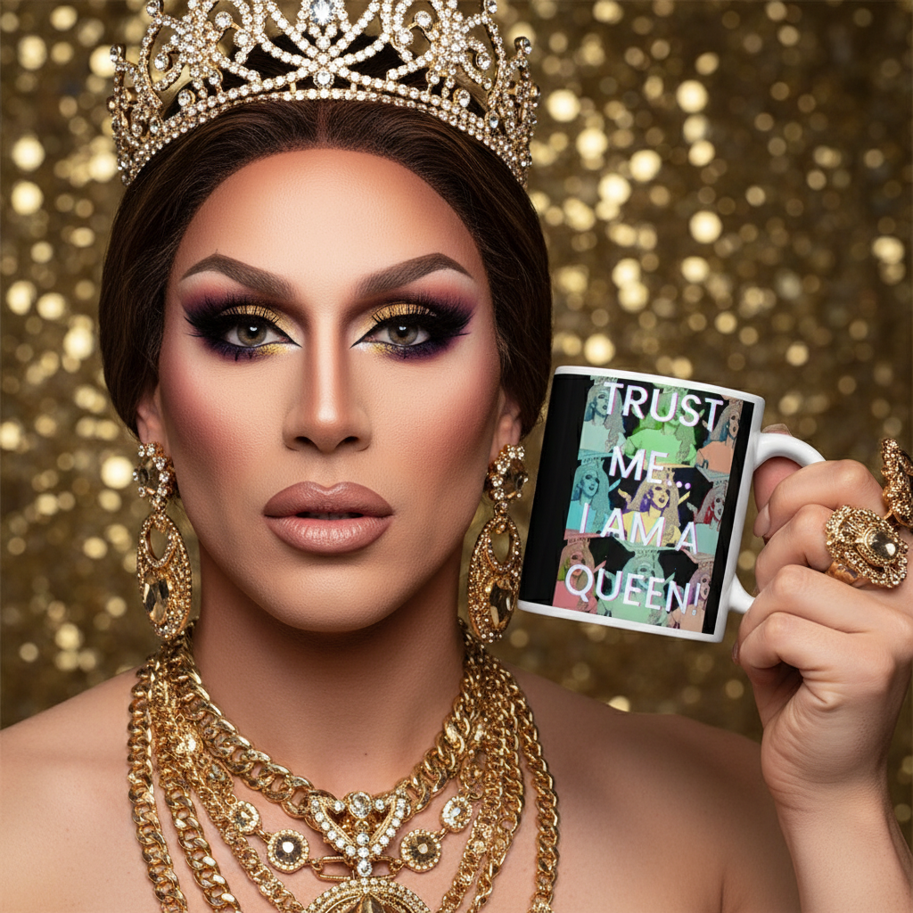 Drag queen adorned in regal makeup and gold accessories holds the Trust Me I'm A Queen mug, showcasing vibrant pride with bold, empowering flair. Perfect for celebrating LGBTQIA+ visibility and self-expression.