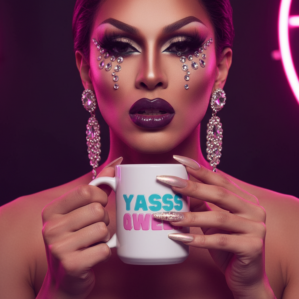 Person holding a white mug reading “YASSS QWEEN” in blue and pink lettering