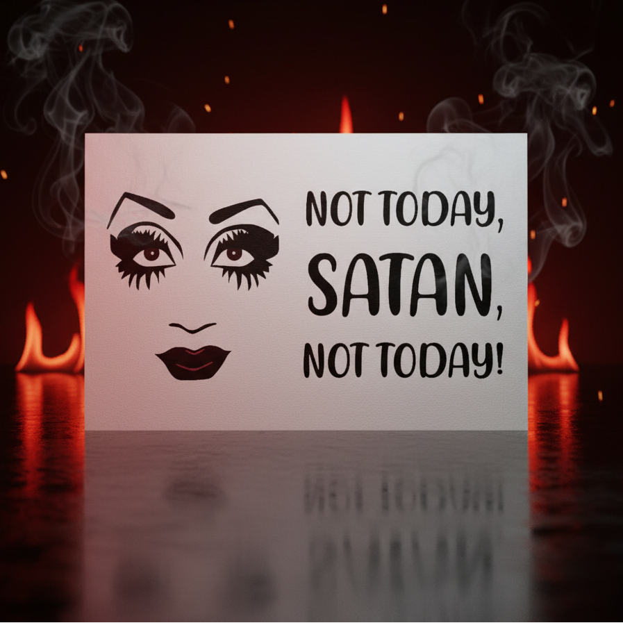 Postcard with a bold illustrated face in dramatic makeup and lipstick, black “NOT TODAY, SATAN, NOT TODAY!” text, and smoky flames.