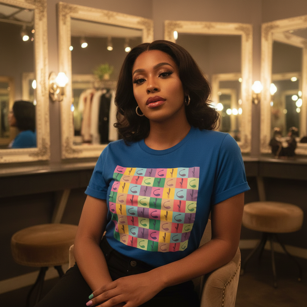 Vibrator Pop Art T-Shirt with a bold, colorful geometric grid print on a woman with wavy hair, in a stylish dressing room.
