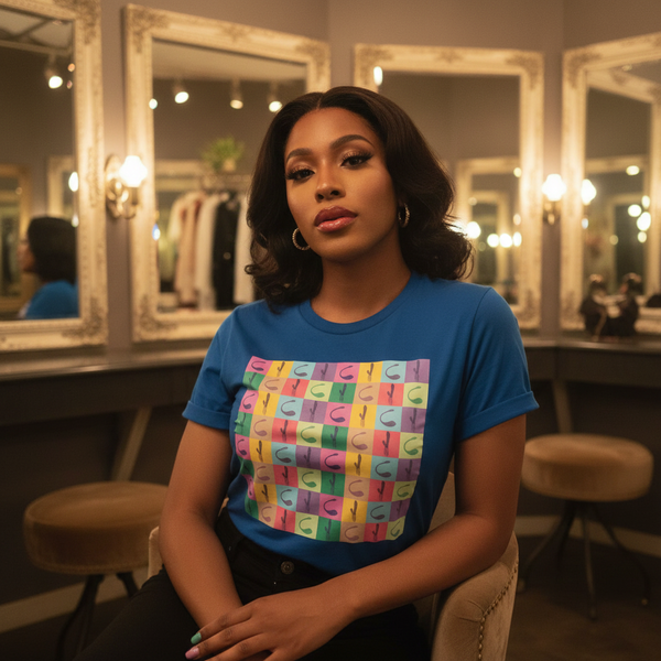 Vibrator Pop Art T-Shirt with a bold, colorful geometric grid print on a woman with wavy hair, in a stylish dressing room.