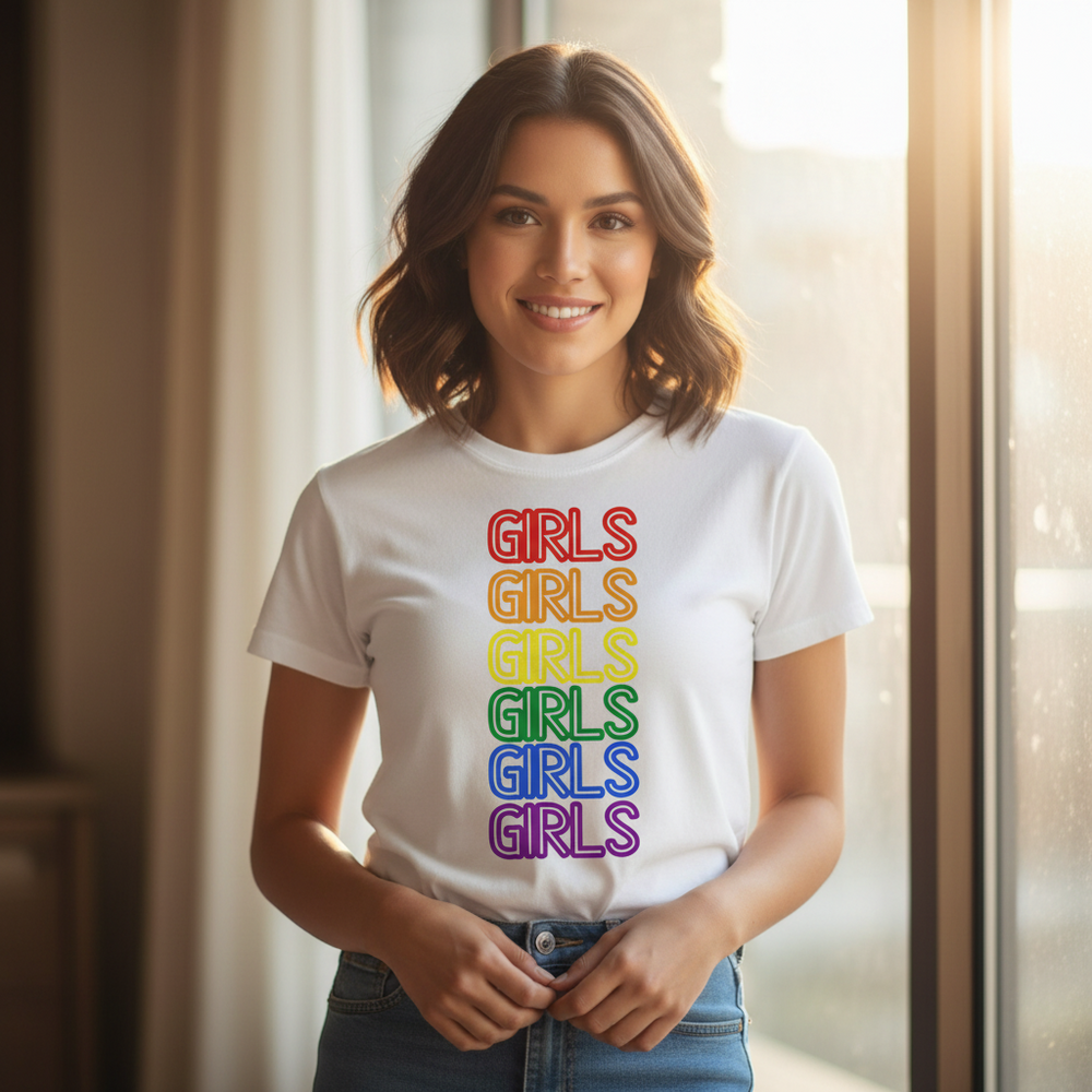 Girls Girls Girls T-shirt: white, with "GIRLS" stacked in rainbow print, worn by a smiling woman indoors by a sunny window.