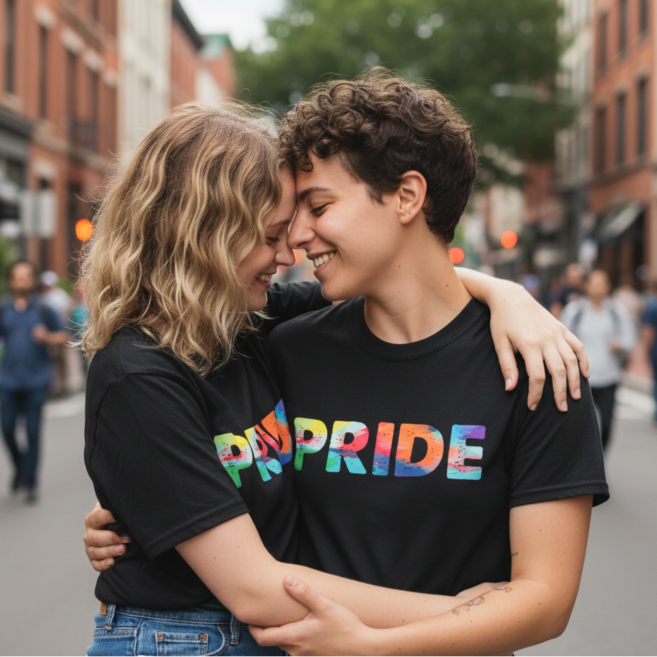 Pride T-Shirts with bold rainbow "PRIDE" text worn by two queer folks smiling, foreheads touching in a city street embrace.