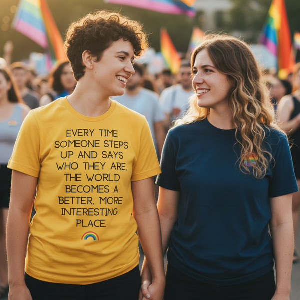 Close-up of yellow Pride T-shirt reading “Every Time Someone Steps Up...” at a festival