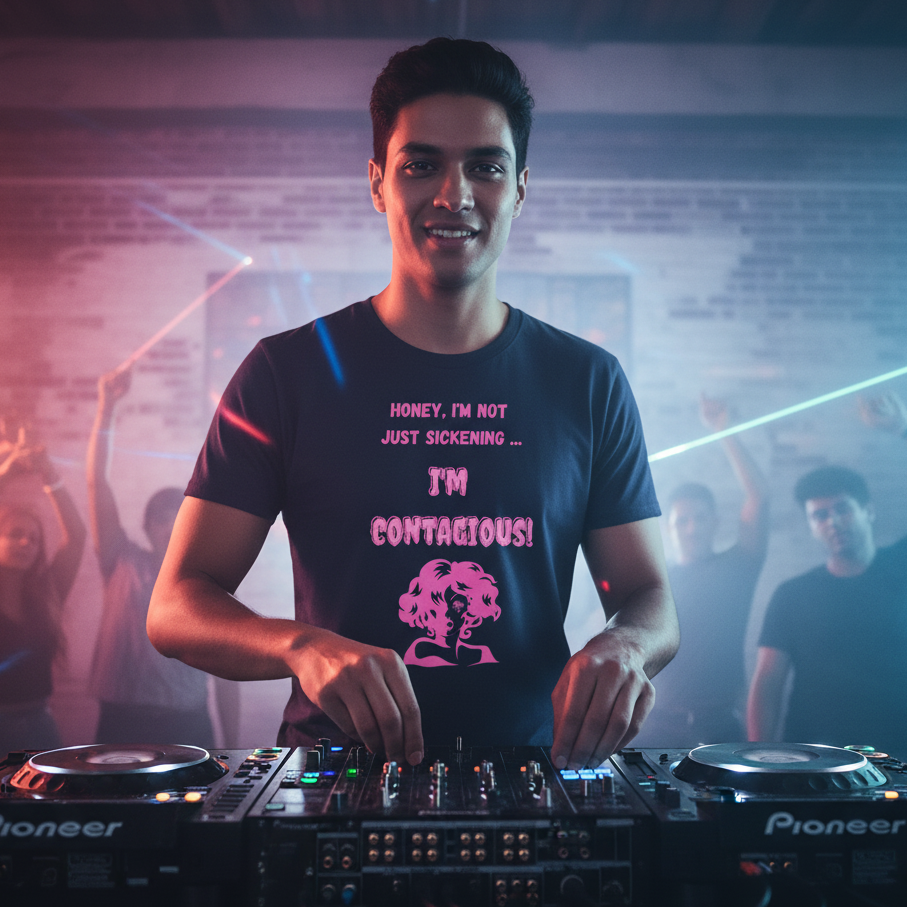 Black T-shirt with pink “HONEY, I'M NOT JUST SICKENING ... I'M CONTAGIOUS!” graphic, worn by a DJ