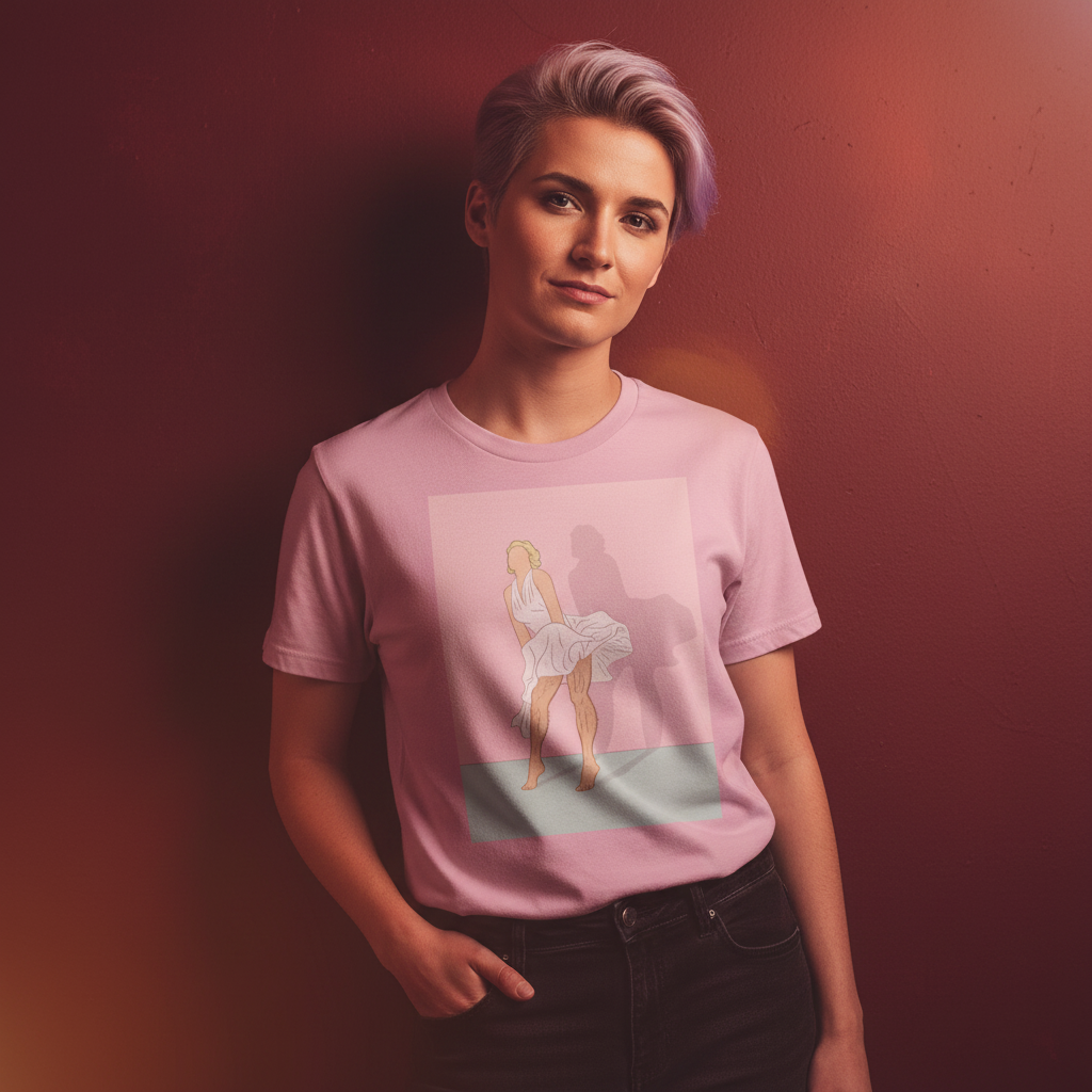 Daddy Monroe T-Shirt with Marilyn Monroe’s famous white dress, worn by someone with short lavender hair against a red wall.