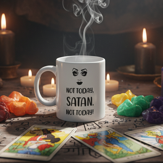 “Not Today, Satan, Not Today!” white mug with a black face graphic, candles and tarot cards